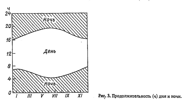 Рис. 3. Продолжительность (ч) дня и ночи